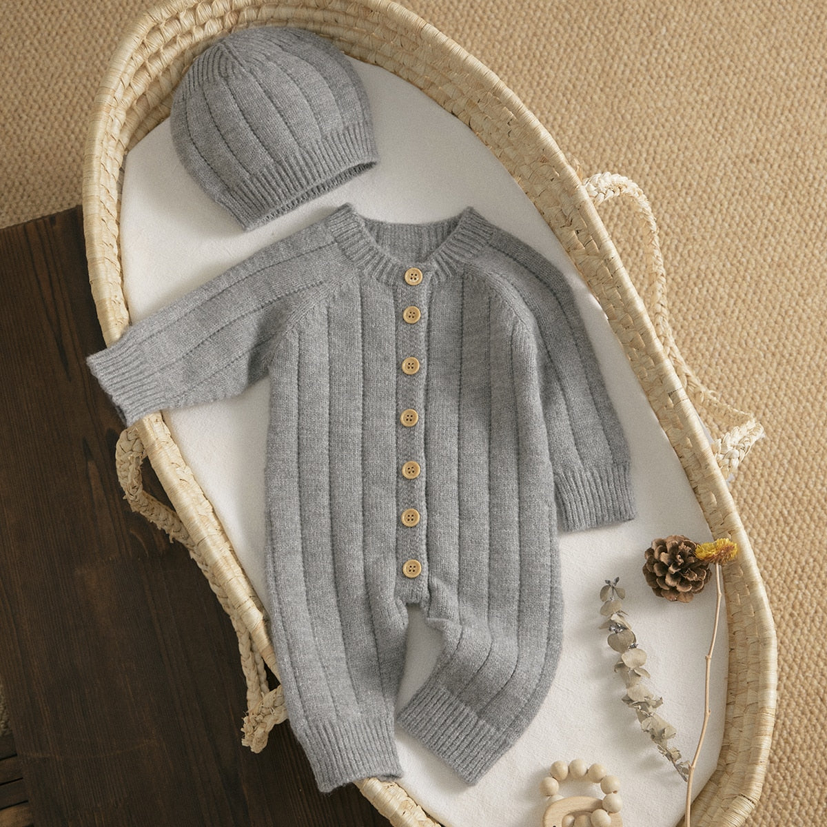 Warm Knitted Jumpsuit & Hat - Grey