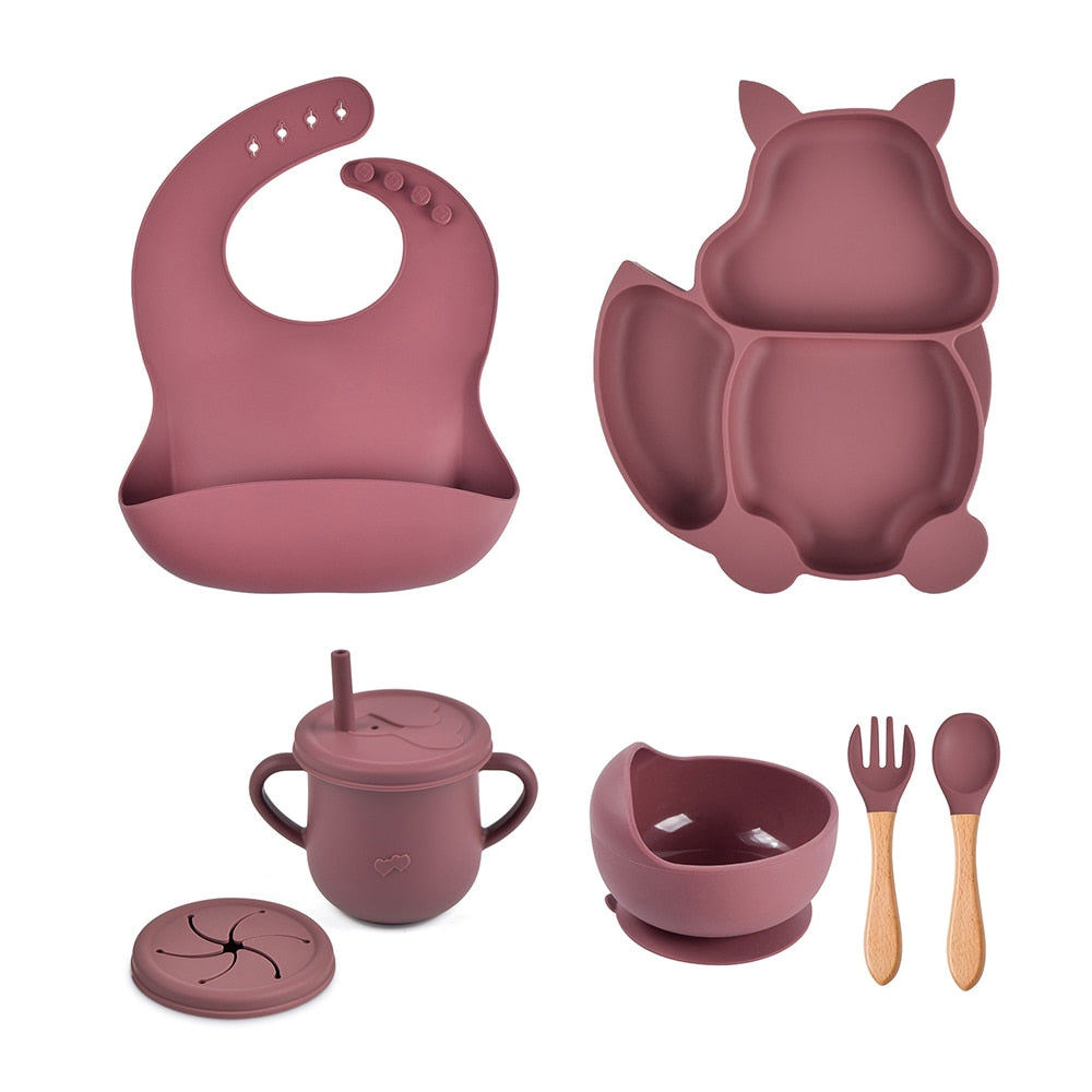 4/6/8 PCS Baby Soft Silicone Sucker Bowl Plate Cup Bibs Spoon Fork Sets Non-slip Tableware Children's Feeding Dishes BPA Free