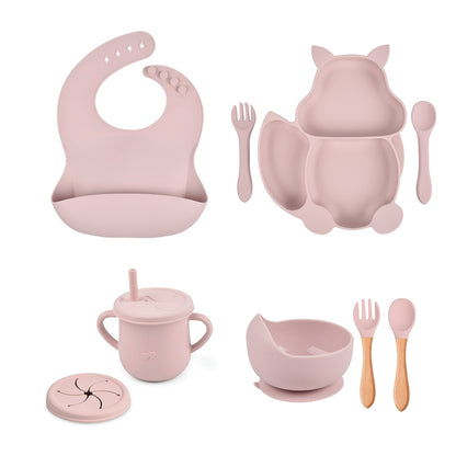 4/6/8 PCS Baby Soft Silicone Sucker Bowl Plate Cup Bibs Spoon Fork Sets Non-slip Tableware Children's Feeding Dishes BPA Free