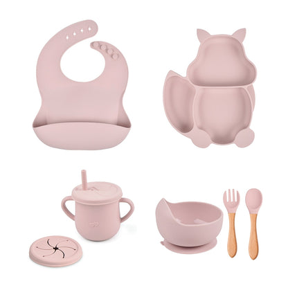 4/6/8 PCS Baby Soft Silicone Sucker Bowl Plate Cup Bibs Spoon Fork Sets Non-slip Tableware Children's Feeding Dishes BPA Free