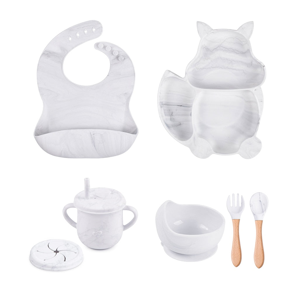 4/6/8 PCS Baby Soft Silicone Sucker Bowl Plate Cup Bibs Spoon Fork Sets Non-slip Tableware Children's Feeding Dishes BPA Free