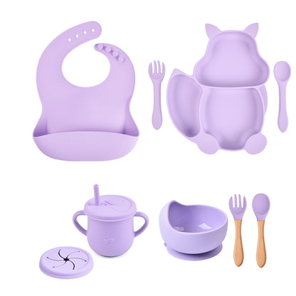 4/6/8 PCS Baby Soft Silicone Sucker Bowl Plate Cup Bibs Spoon Fork Sets Non-slip Tableware Children's Feeding Dishes BPA Free